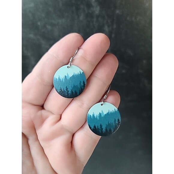 Nature Cast Dangle Trees On Disc Pierced Earrings - Picture 2 of 10